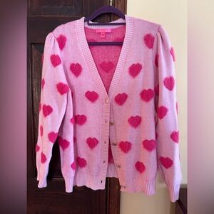 Euc Lilly Pulitzer XL Keane cardigan Mandevilla Hearts Sweater pink Valentine’s